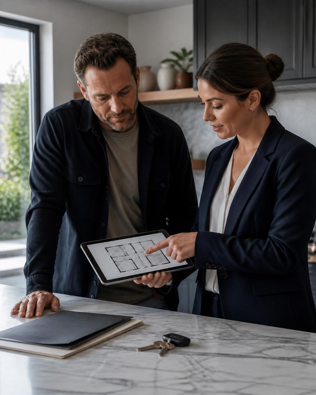 Property owner and Beyond advisor reviewing a property plan on a tablet