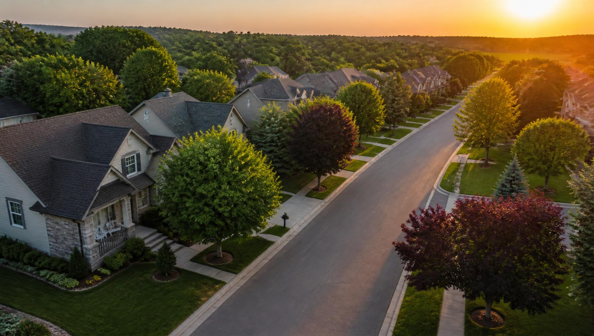 Aerial view of a well-kept residential property at golden hour
