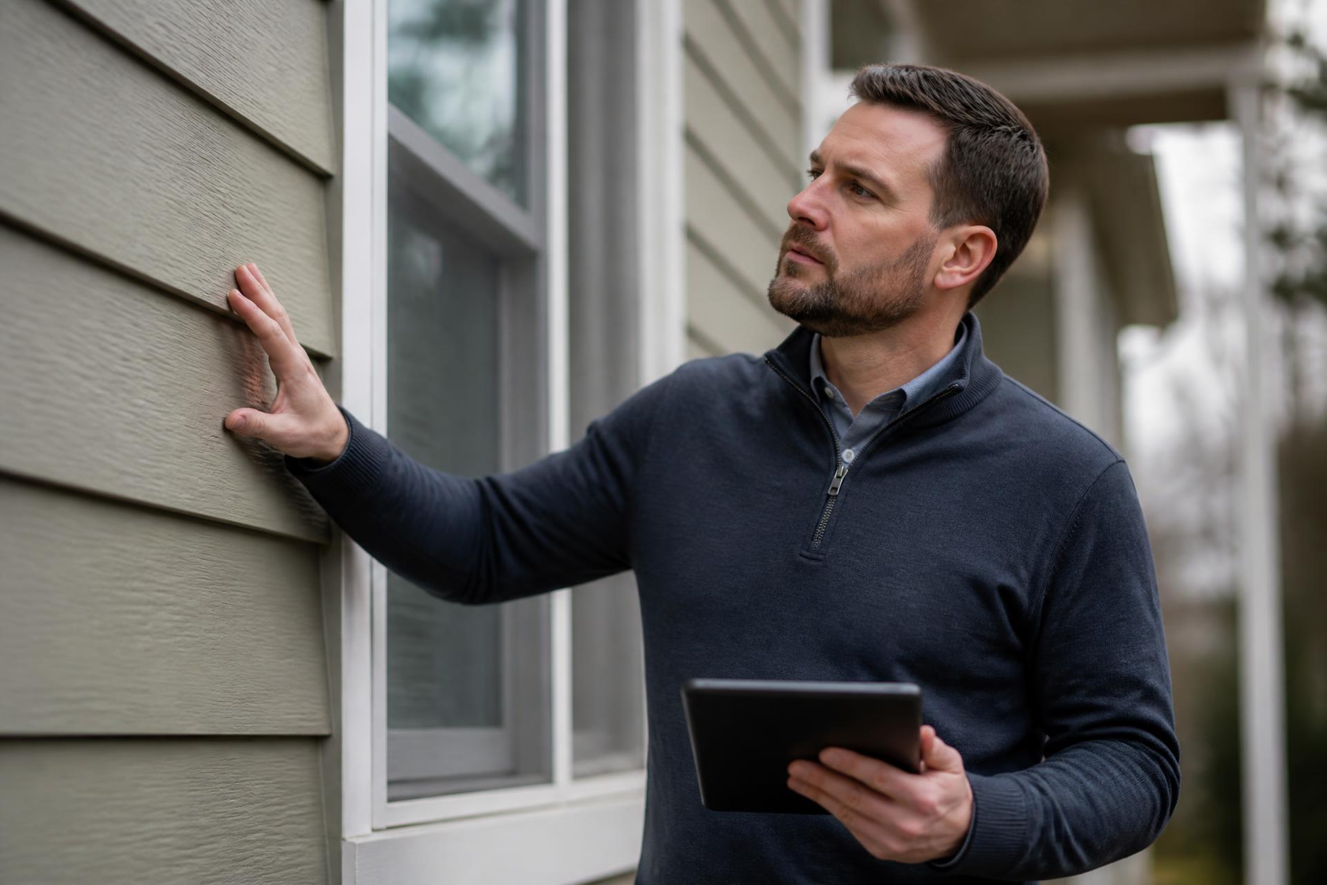 Property advisor inspecting the exterior siding and window trim of a home
