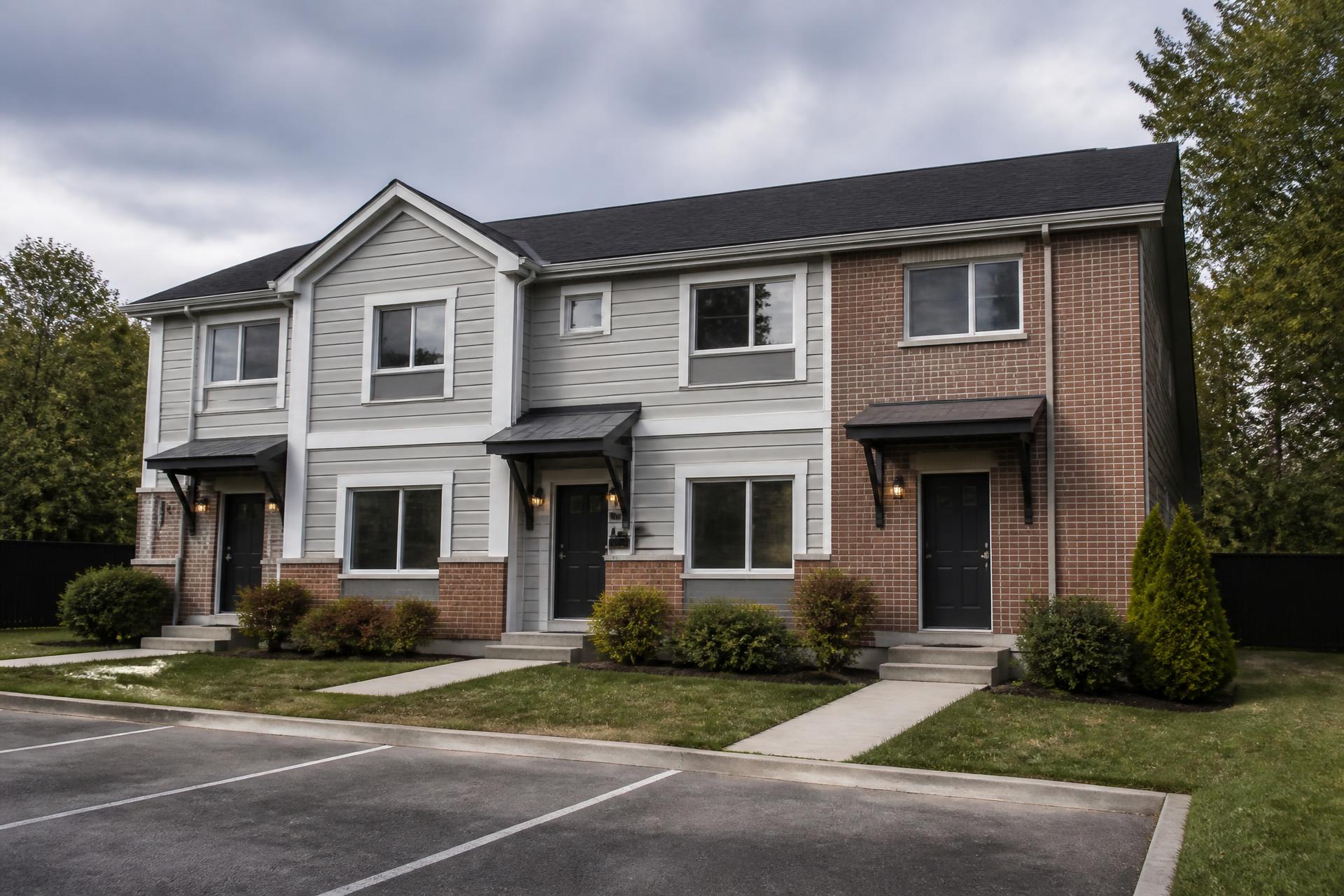 Small multifamily property with tidy walkways and parking